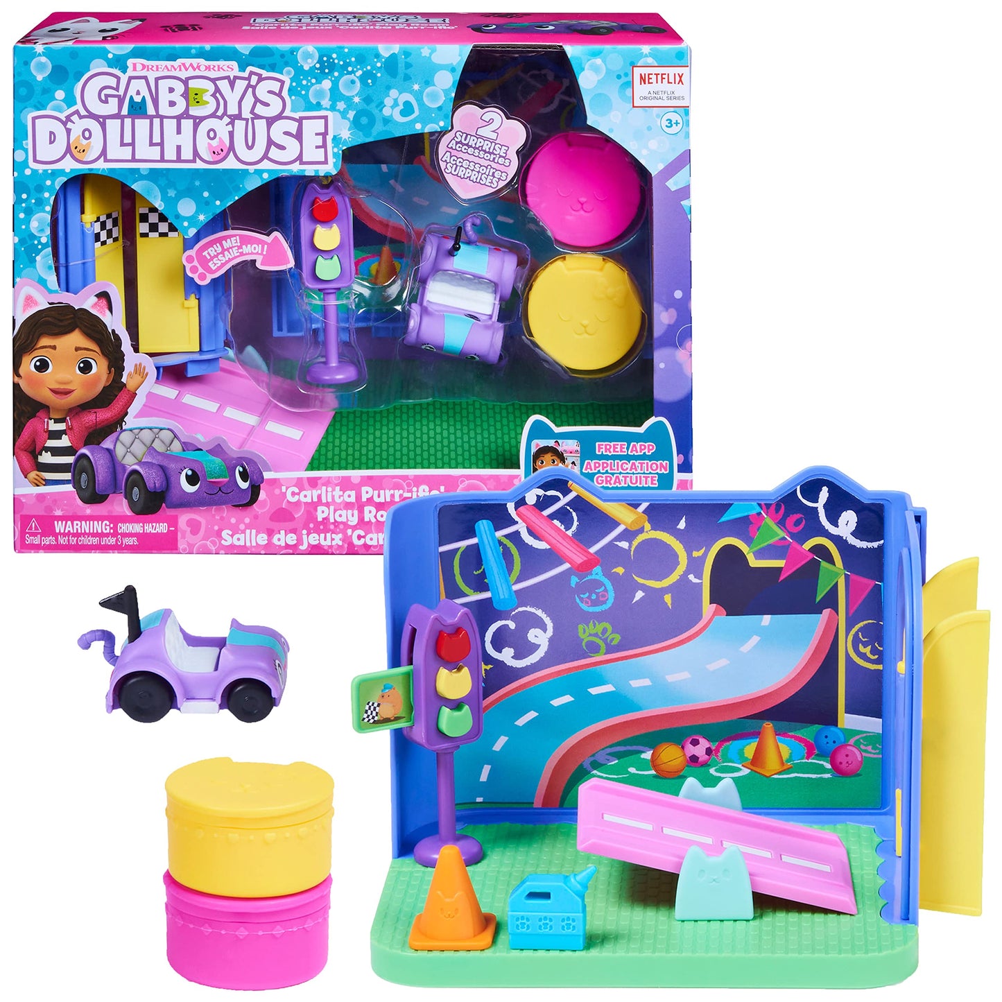Gabby’s Dollhouse Carlita Purr-ific Play Room with Carlita Toy Car – Deluxe Dollhouse Accessories