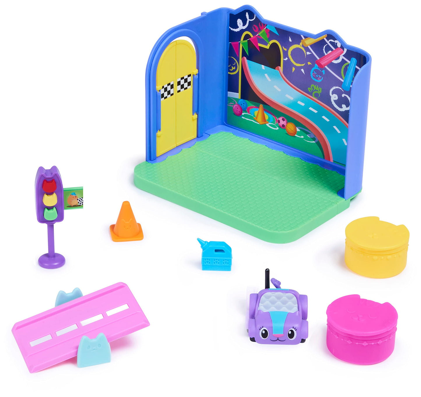 Gabby’s Dollhouse Carlita Purr-ific Play Room with Carlita Toy Car – Deluxe Dollhouse Accessories