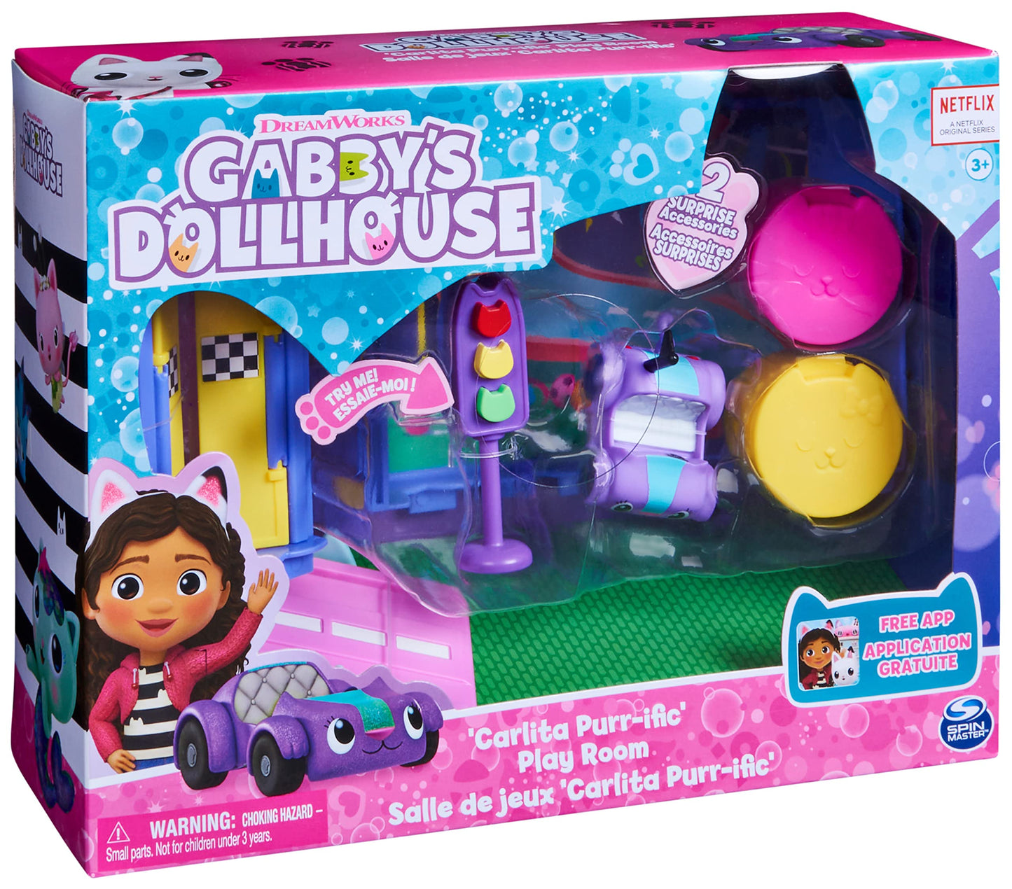Gabby’s Dollhouse Carlita Purr-ific Play Room with Carlita Toy Car – Deluxe Dollhouse Accessories