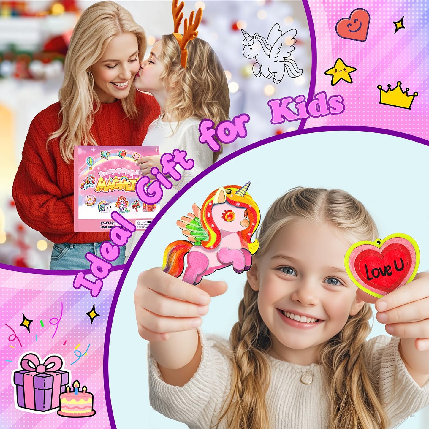 Gadetouq 12 DIY Unicorn Wooden Magnets – Creative Kids Craft Kit for Ages 4-12