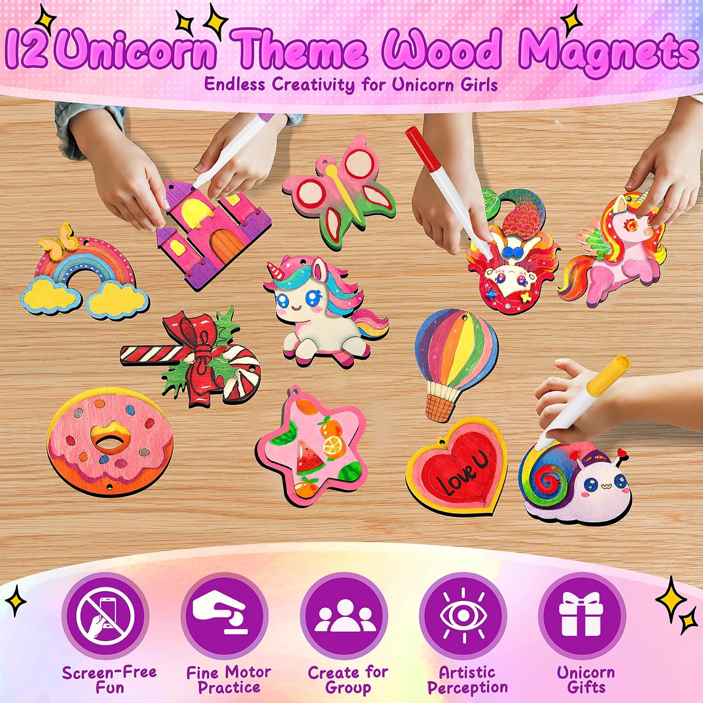 Gadetouq 12 DIY Unicorn Wooden Magnets – Creative Kids Craft Kit for Ages 4-12