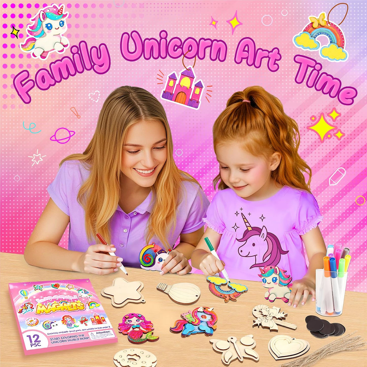 Gadetouq 12 DIY Unicorn Wooden Magnets – Creative Kids Craft Kit for Ages 4-12