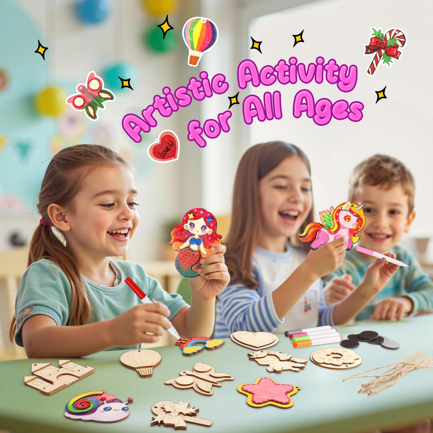 Gadetouq 12 DIY Unicorn Wooden Magnets – Creative Kids Craft Kit for Ages 4-12