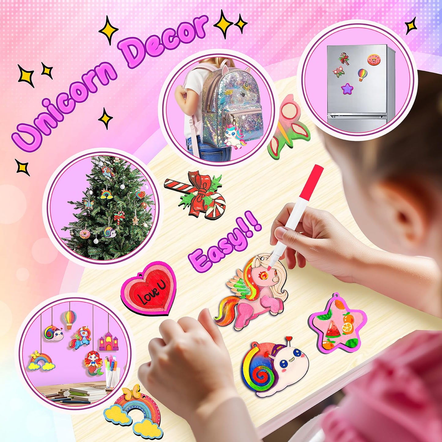 Gadetouq 12 DIY Unicorn Wooden Magnets – Creative Kids Craft Kit for Ages 4-12