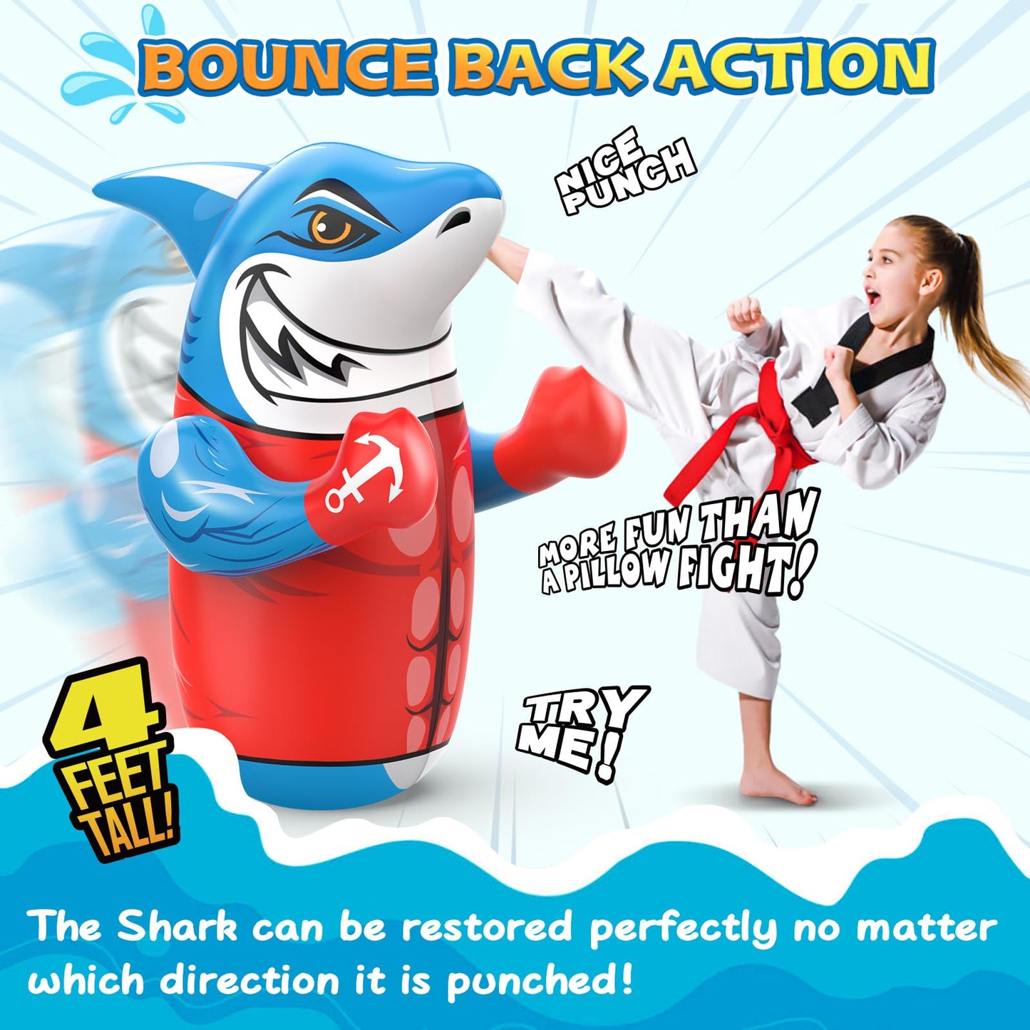 Gadetouq Shark LED Inflatable Punching Bag – 47'' Glow Bop Toy for Kids 3–8