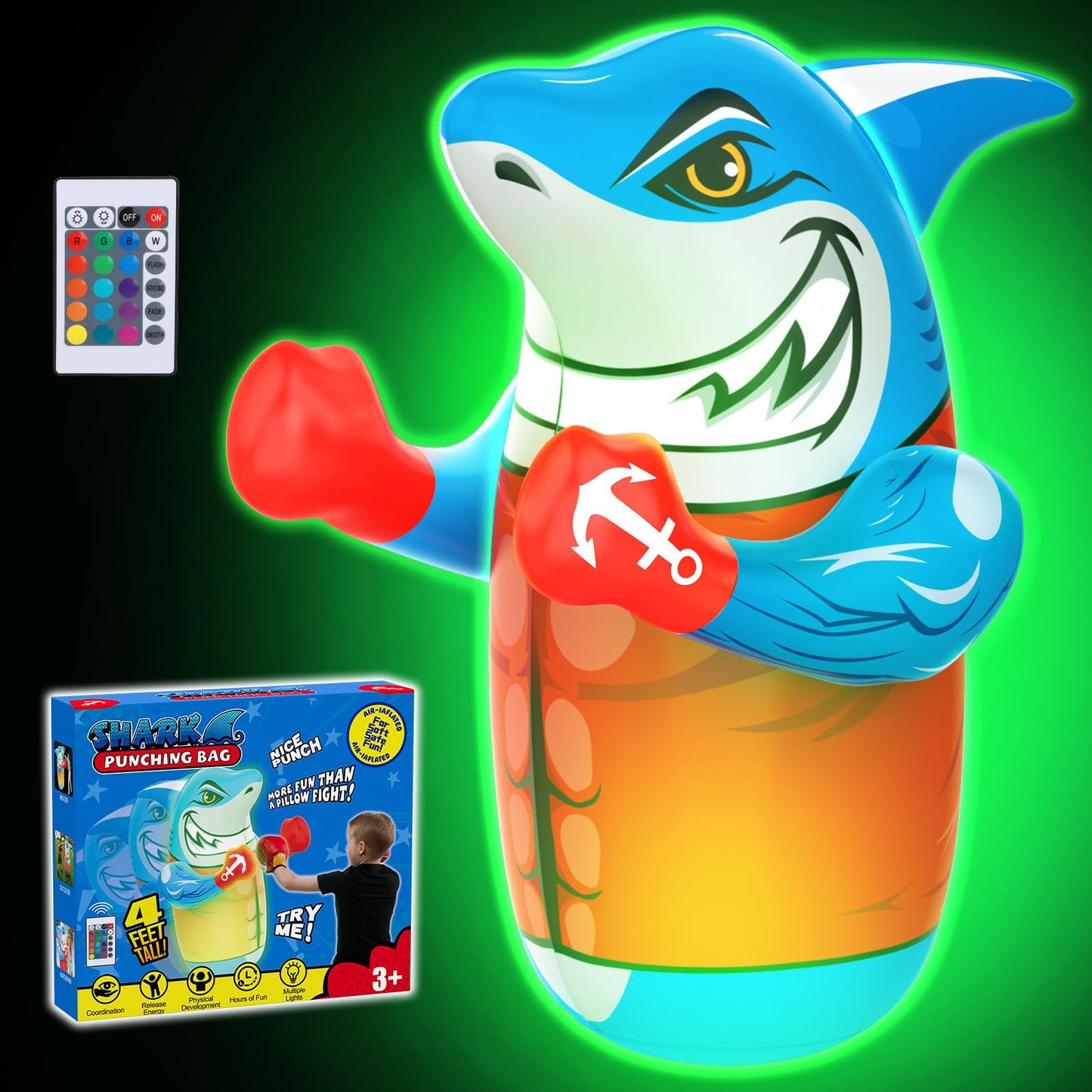 Gadetouq Shark LED Inflatable Punching Bag – 47'' Glow Bop Toy for Kids 3–8