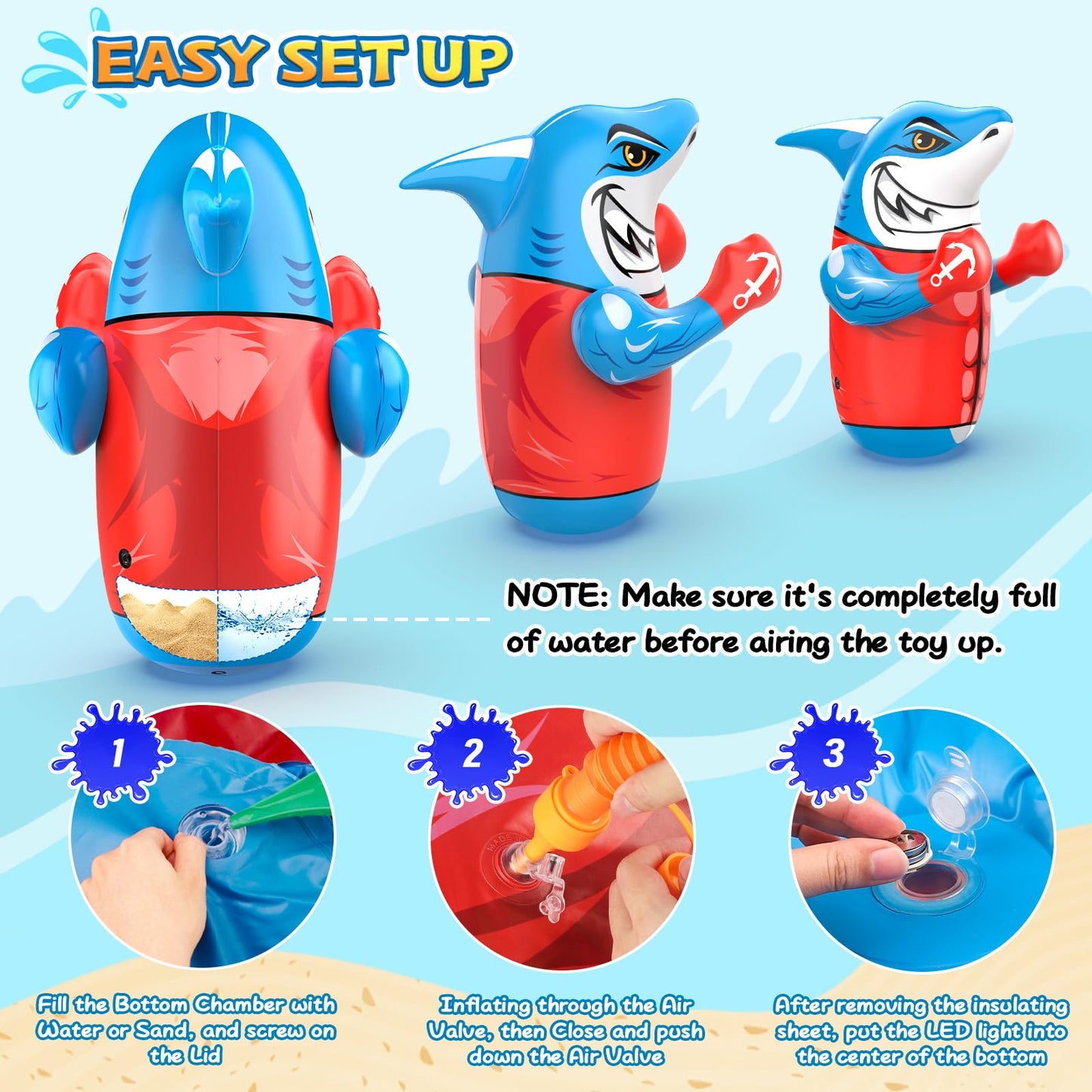 Gadetouq Shark LED Inflatable Punching Bag – 47'' Glow Bop Toy for Kids 3–8