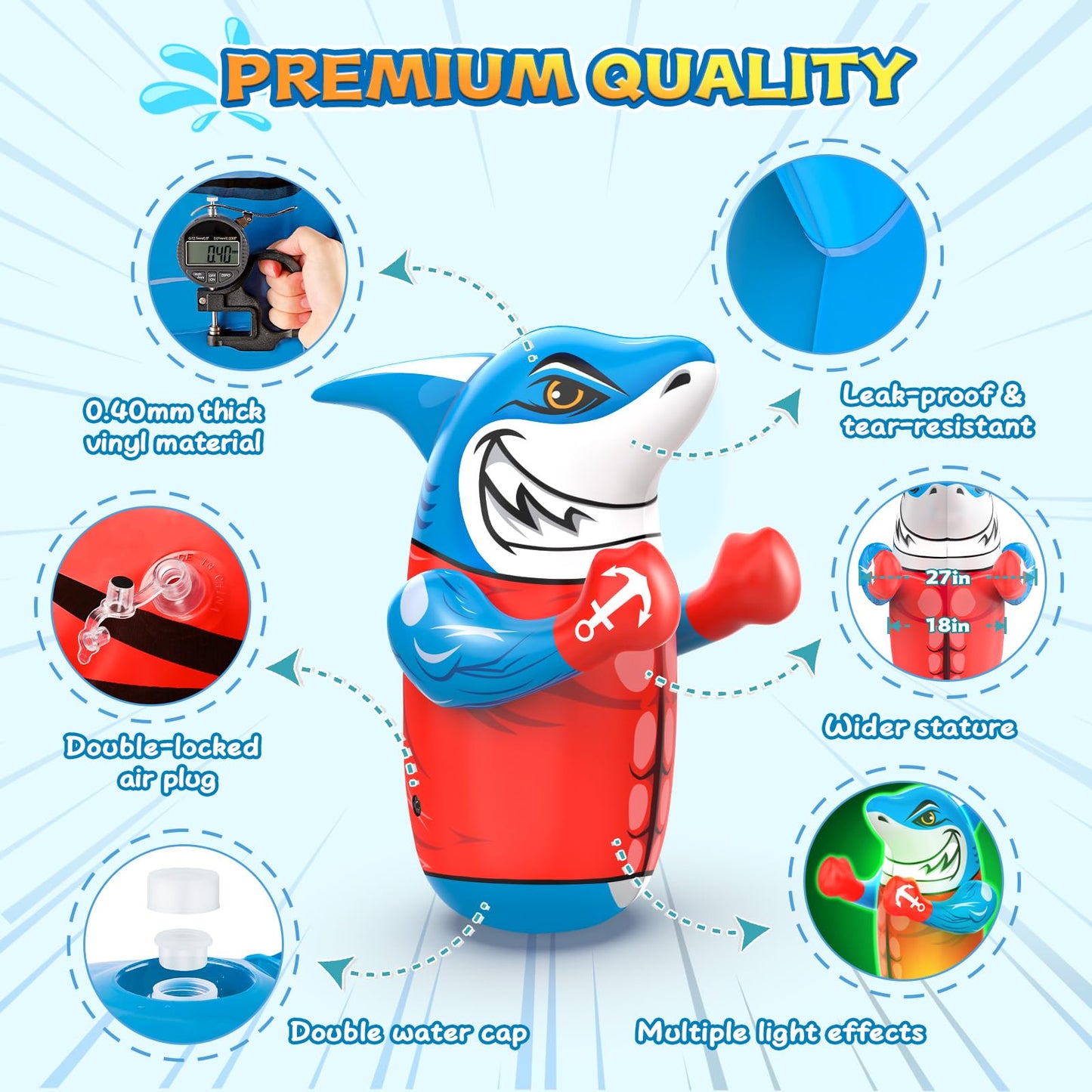 Gadetouq Shark LED Inflatable Punching Bag – 47'' Glow Bop Toy for Kids 3–8