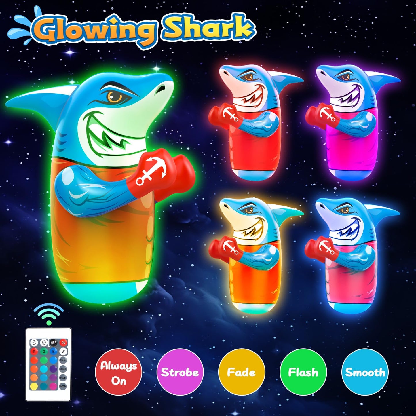 Gadetouq Shark LED Inflatable Punching Bag – 47'' Glow Bop Toy for Kids 3–8