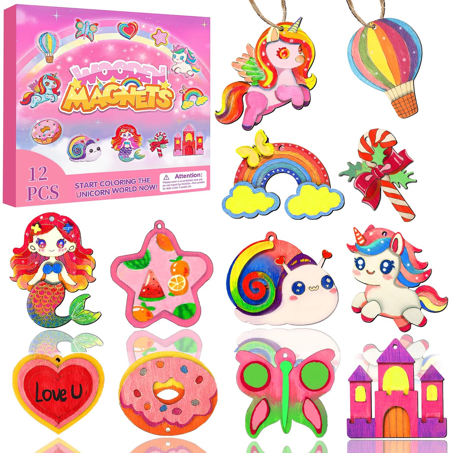 Gadetouq 12 DIY Unicorn Wooden Magnets – Creative Kids Craft Kit for Ages 4-12
