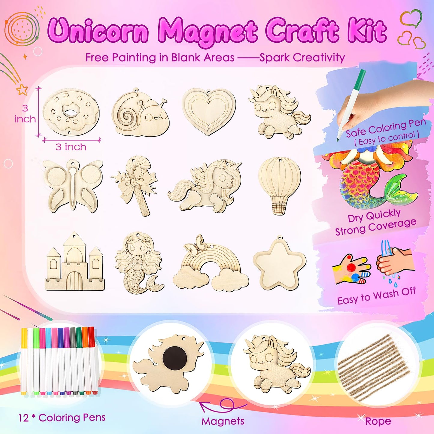 Gadetouq 12 DIY Unicorn Wooden Magnets – Creative Kids Craft Kit for Ages 4-12
