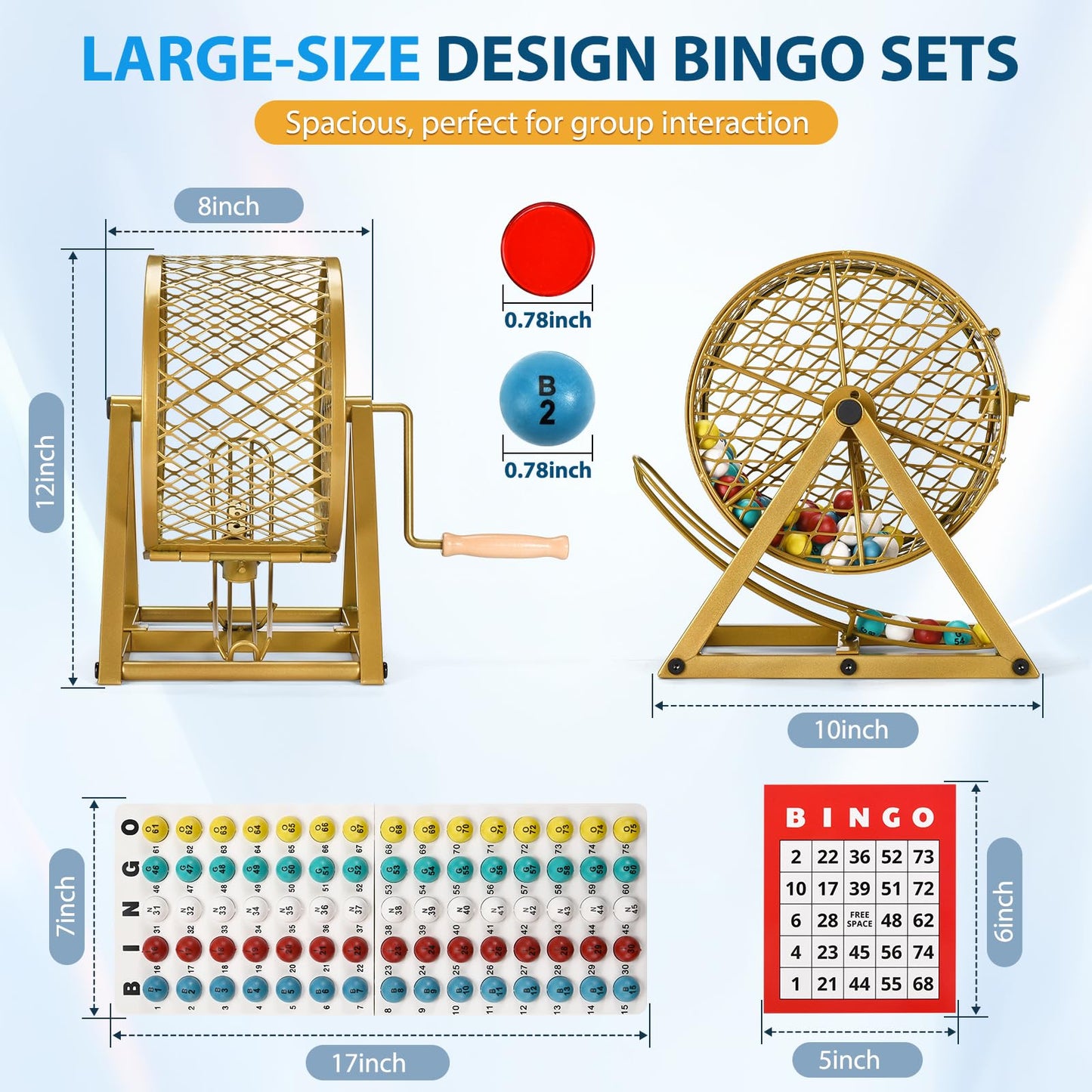 GADFISH Bingo Game Set for Large Groups - 0.78-Inch Balls, Steel Cage, 30 Cards