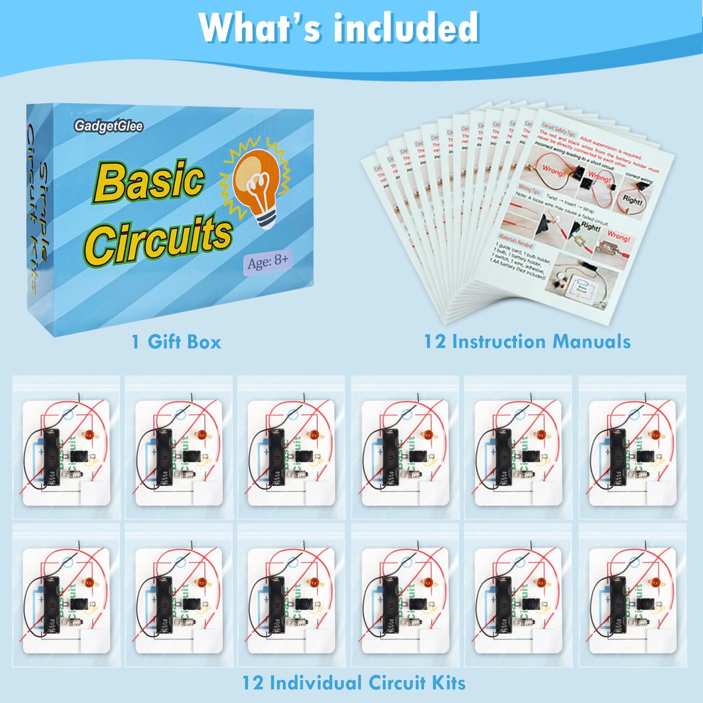 GadgetGlee 12-Pack Electric Circuit Kit for Kids 8-12 | Classroom STEM Projects