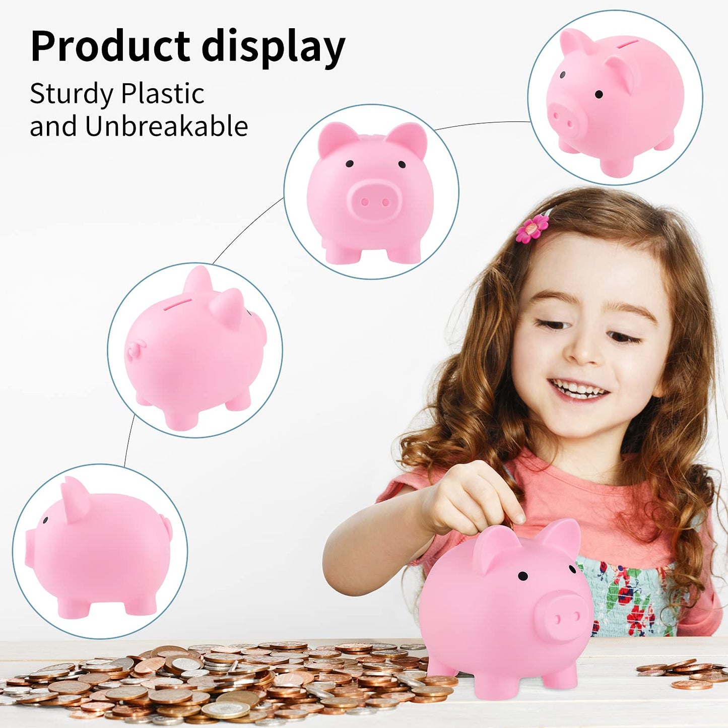 GADIEDIE Large Pink Piggy Bank – Durable Plastic Coin Box for Kids (4.8 x 5.4 x 6 in)