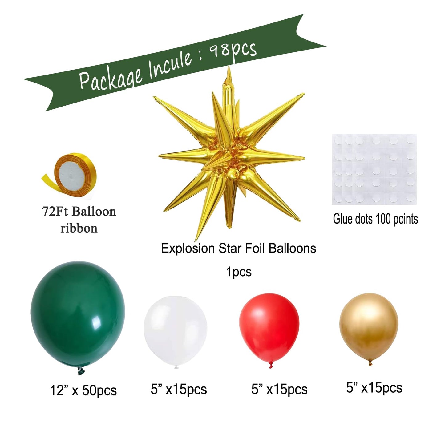 GaesQae 96pcs Christmas Balloon Garland Arch Kit – Green, Red & Gold Latex Balloons with Gold Starburst