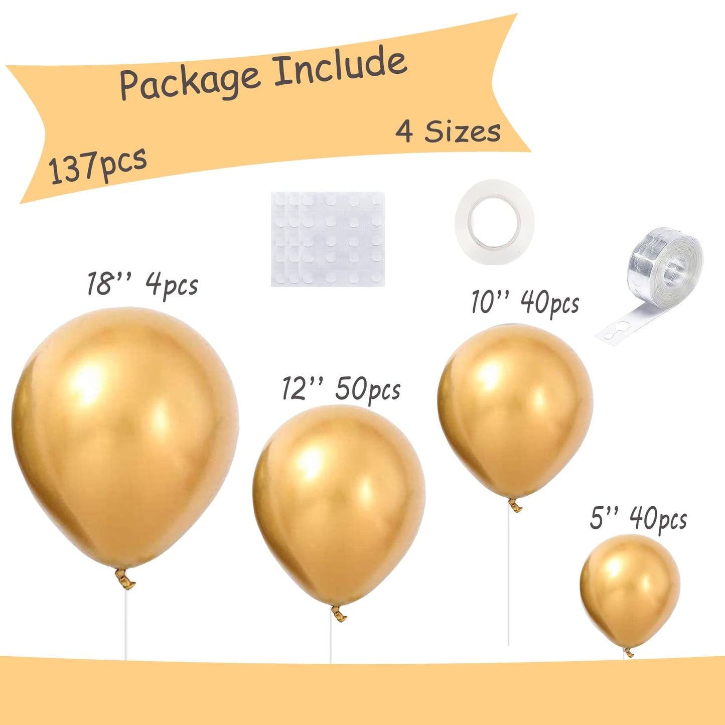 GaesQae 137pcs Metallic Gold Balloons Kit – 18/12/10/5 Inch Latex Balloons for Birthday & Wedding Decor