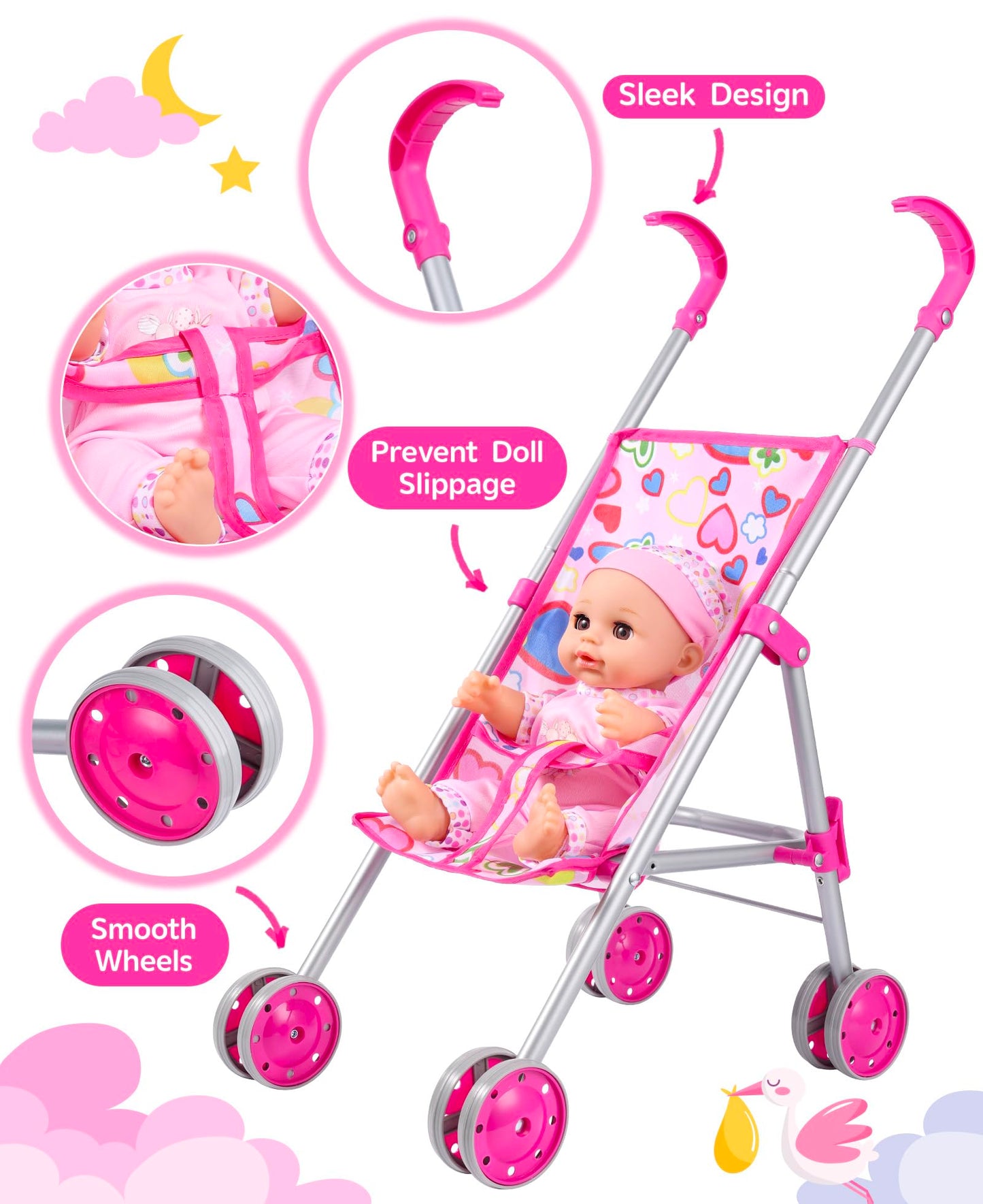 GAGAKU Baby Doll Stroller Playset – 12-Inch Doll & Accessories, Foldable Toy Stroller for Kids 1-6