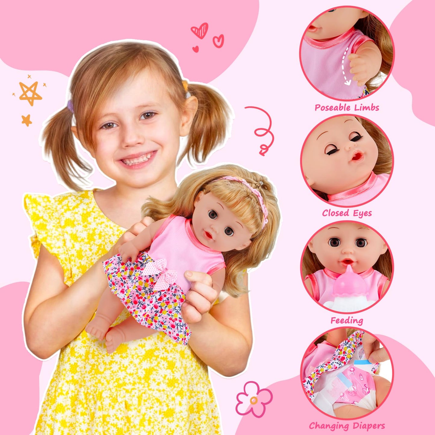 GAGAKU 12-Inch Baby Doll with Hair — Realistic Eyes & Accessory Playset for Ages 3-6