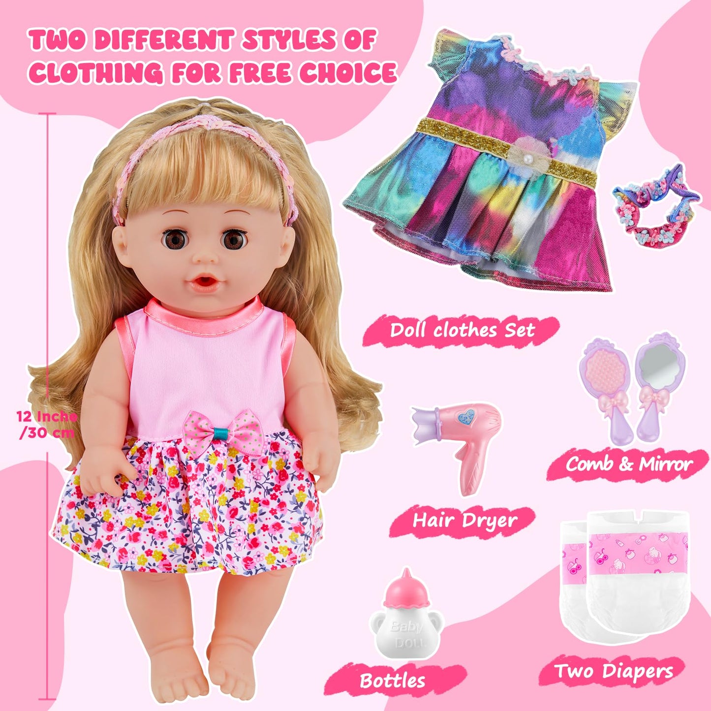 GAGAKU 12-Inch Baby Doll with Hair — Realistic Eyes & Accessory Playset for Ages 3-6