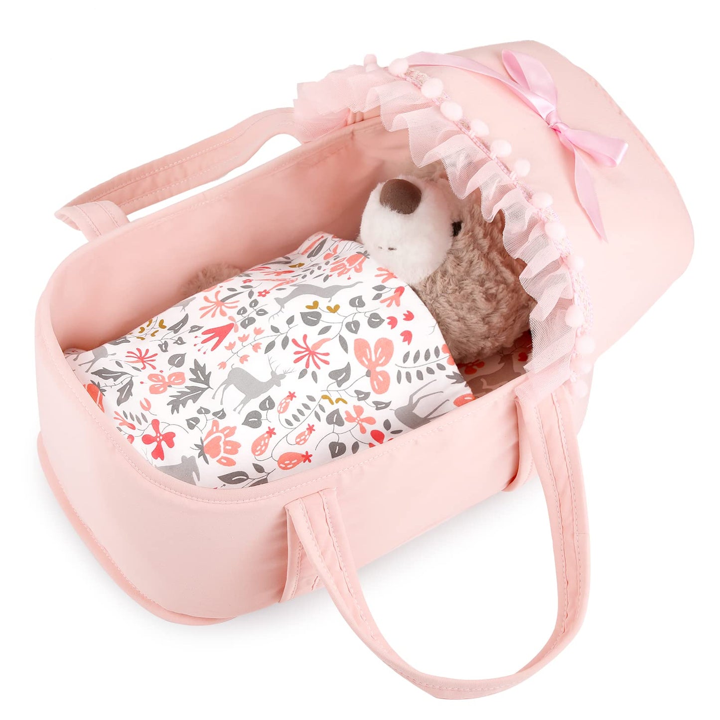 GAGAKU Baby Doll Bassinet Set - Pink Canopy, Pillow & Blanket for 9–12 Inch Dolls
