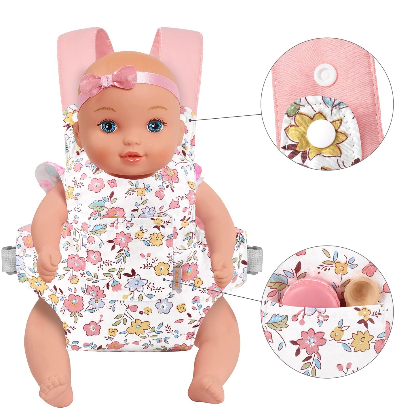 GAGAKU Baby Doll Carrier – 3-Way Doll Carrier with Adjustable Straps (Pink Peach Blossom)