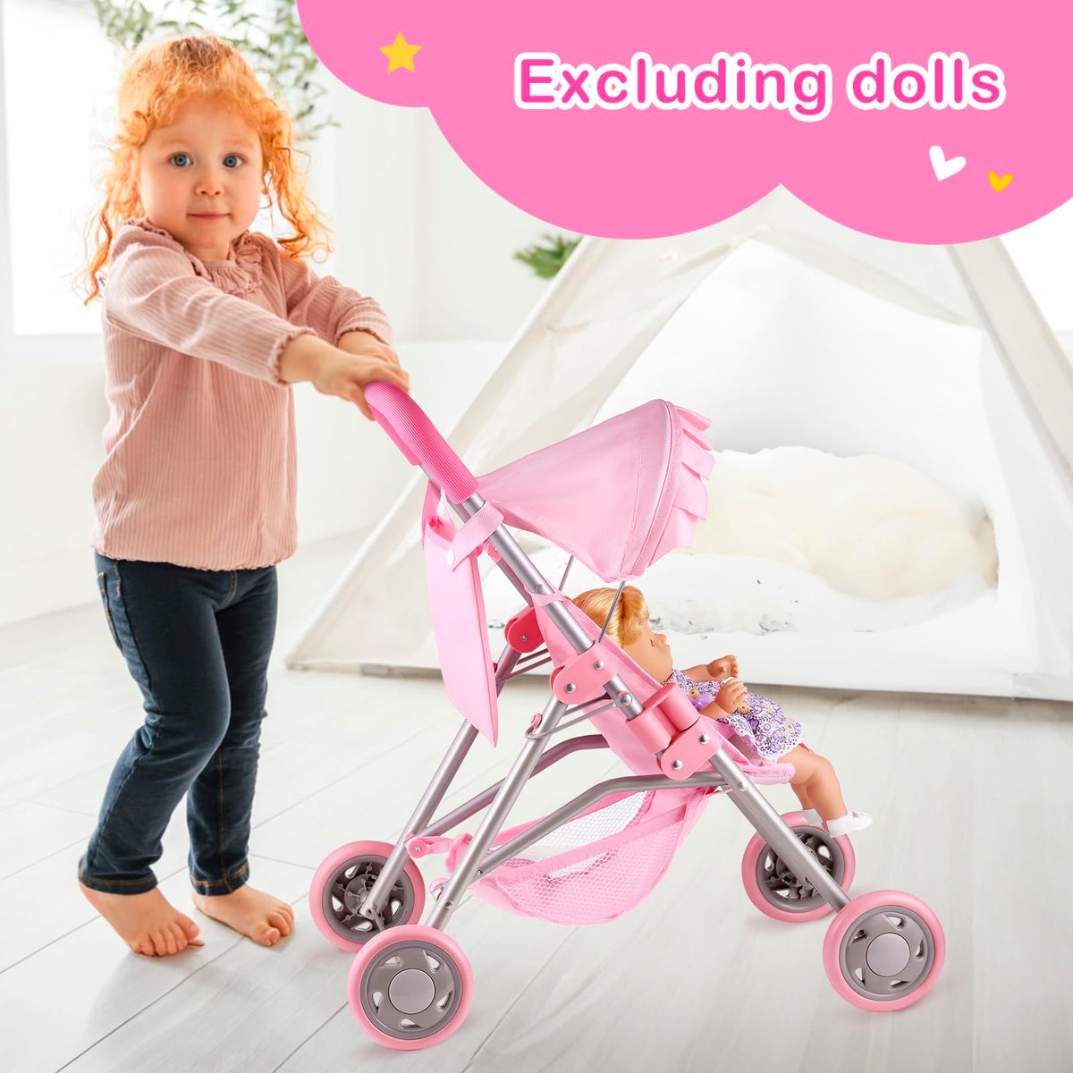 GAGAKU Baby Doll Stroller – Foldable Pink Toy Stroller with Storage Basket & Bag for Dolls Up to 18 Inches