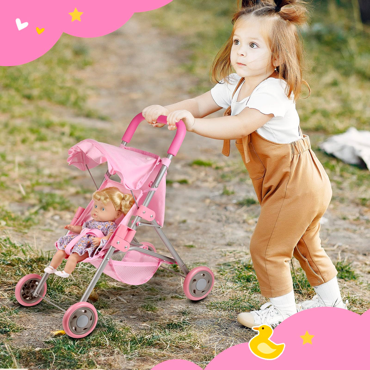 GAGAKU Baby Doll Stroller – Foldable Pink Toy Stroller with Storage Basket & Bag for Dolls Up to 18 Inches