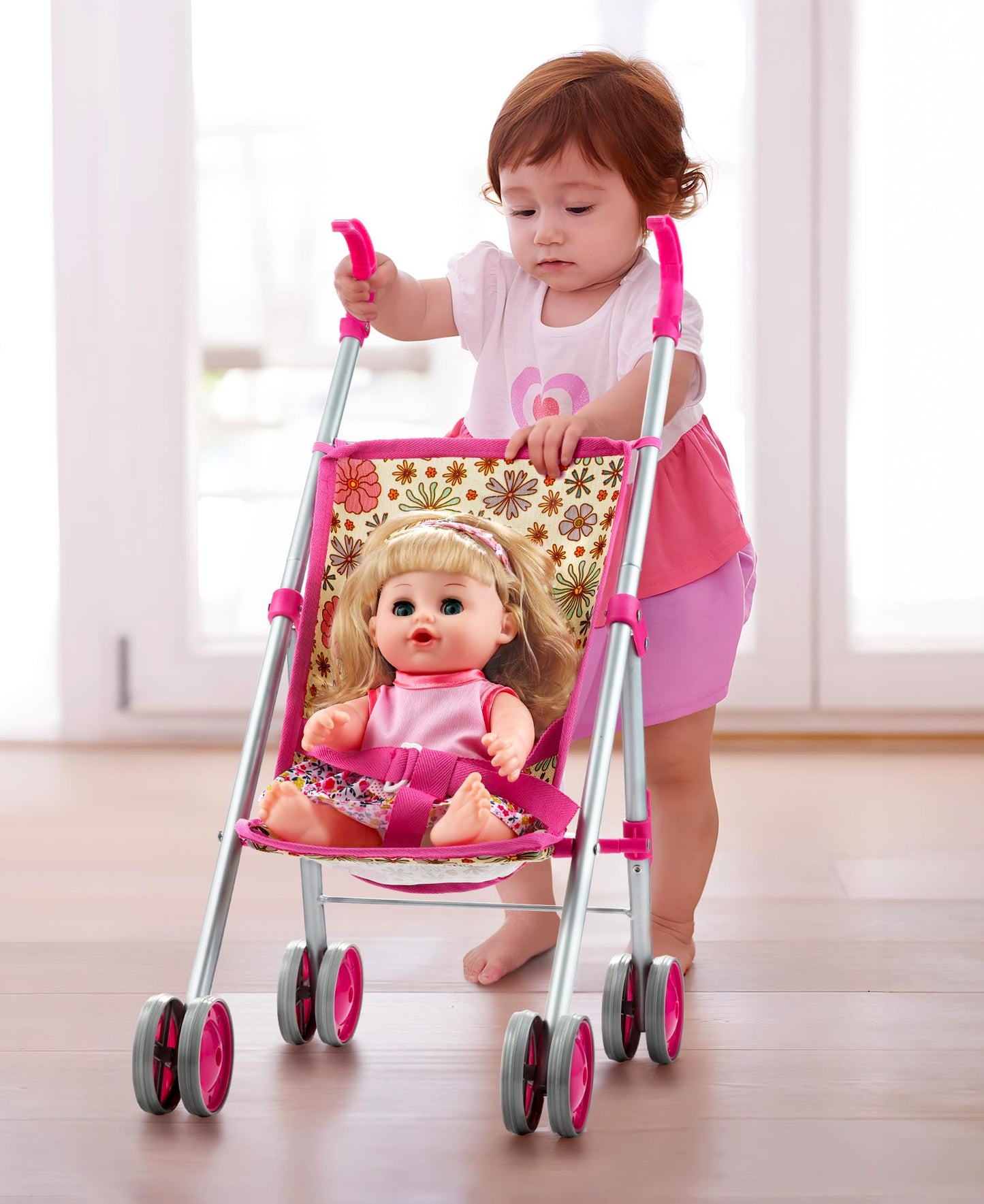 GAGAKU Baby Doll Stroller Playset — 12-Inch Doll & Accessories, Foldable Stroller, Daisies Pattern