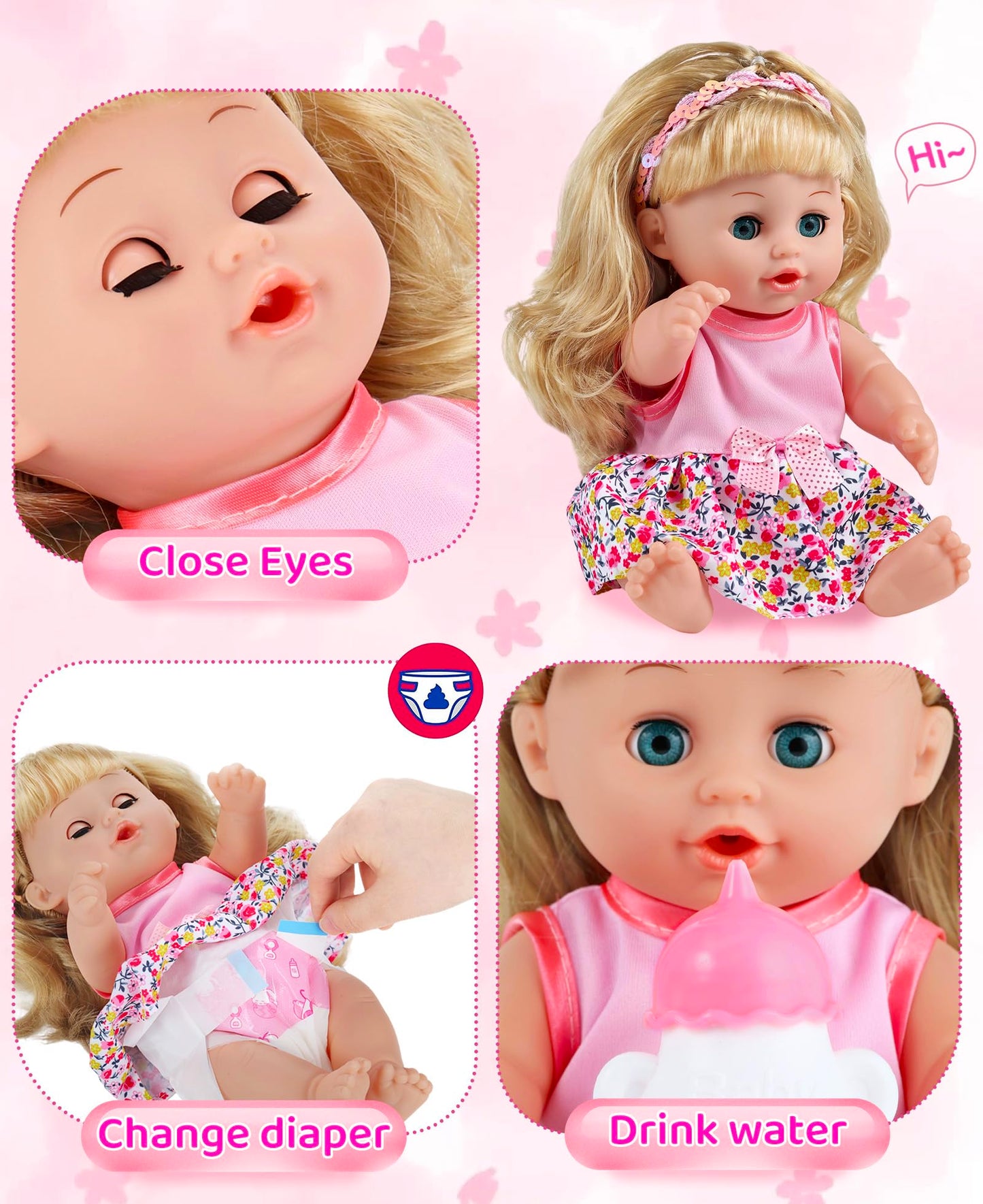 GAGAKU Baby Doll Stroller Playset — 12-Inch Doll & Accessories, Foldable Stroller, Daisies Pattern