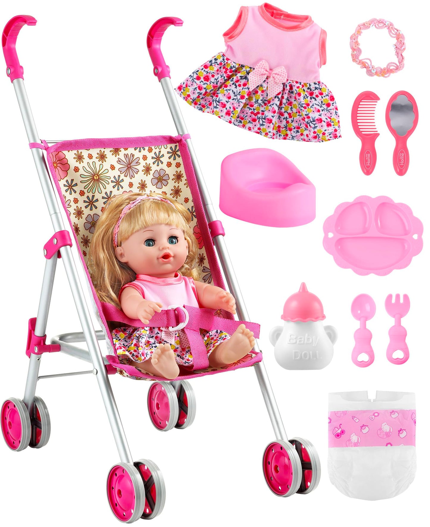 GAGAKU Baby Doll Stroller Playset — 12-Inch Doll & Accessories, Foldable Stroller, Daisies Pattern