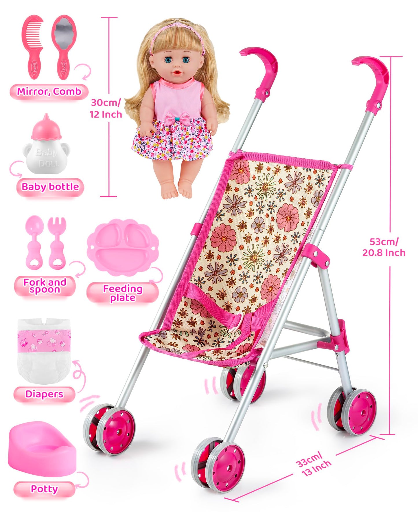 GAGAKU Baby Doll Stroller Playset — 12-Inch Doll & Accessories, Foldable Stroller, Daisies Pattern