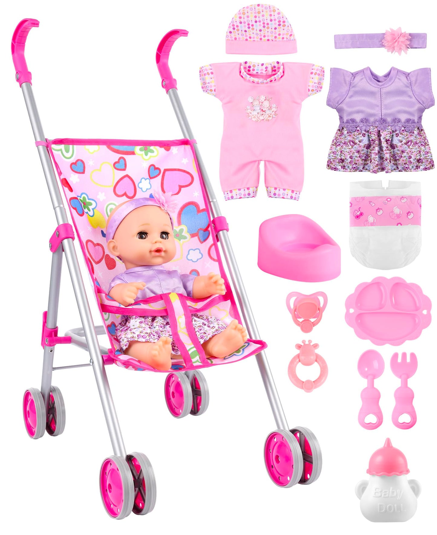 GAGAKU Baby Doll Stroller Playset – 12-Inch Doll & Accessories, Foldable Toy Stroller for Kids 1-6