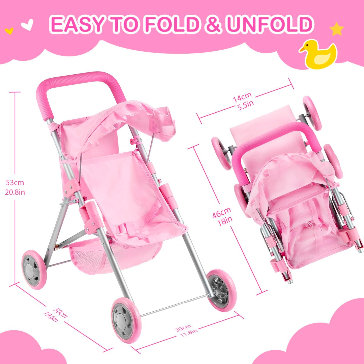 GAGAKU Baby Doll Stroller – Foldable Pink Toy Stroller with Storage Basket & Bag for Dolls Up to 18 Inches