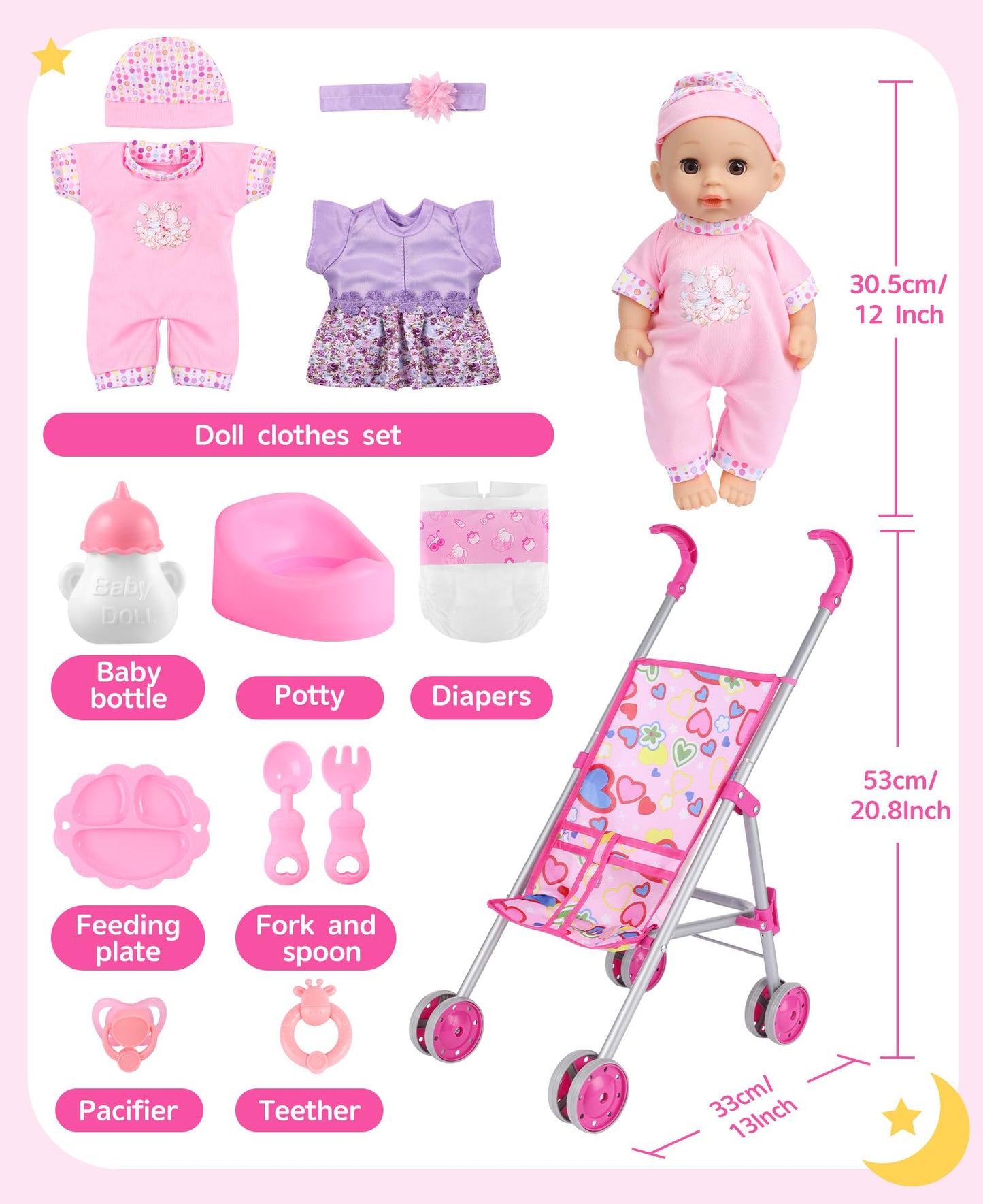 GAGAKU Baby Doll Stroller Playset – 12-Inch Doll & Accessories, Foldable Toy Stroller for Kids 1-6