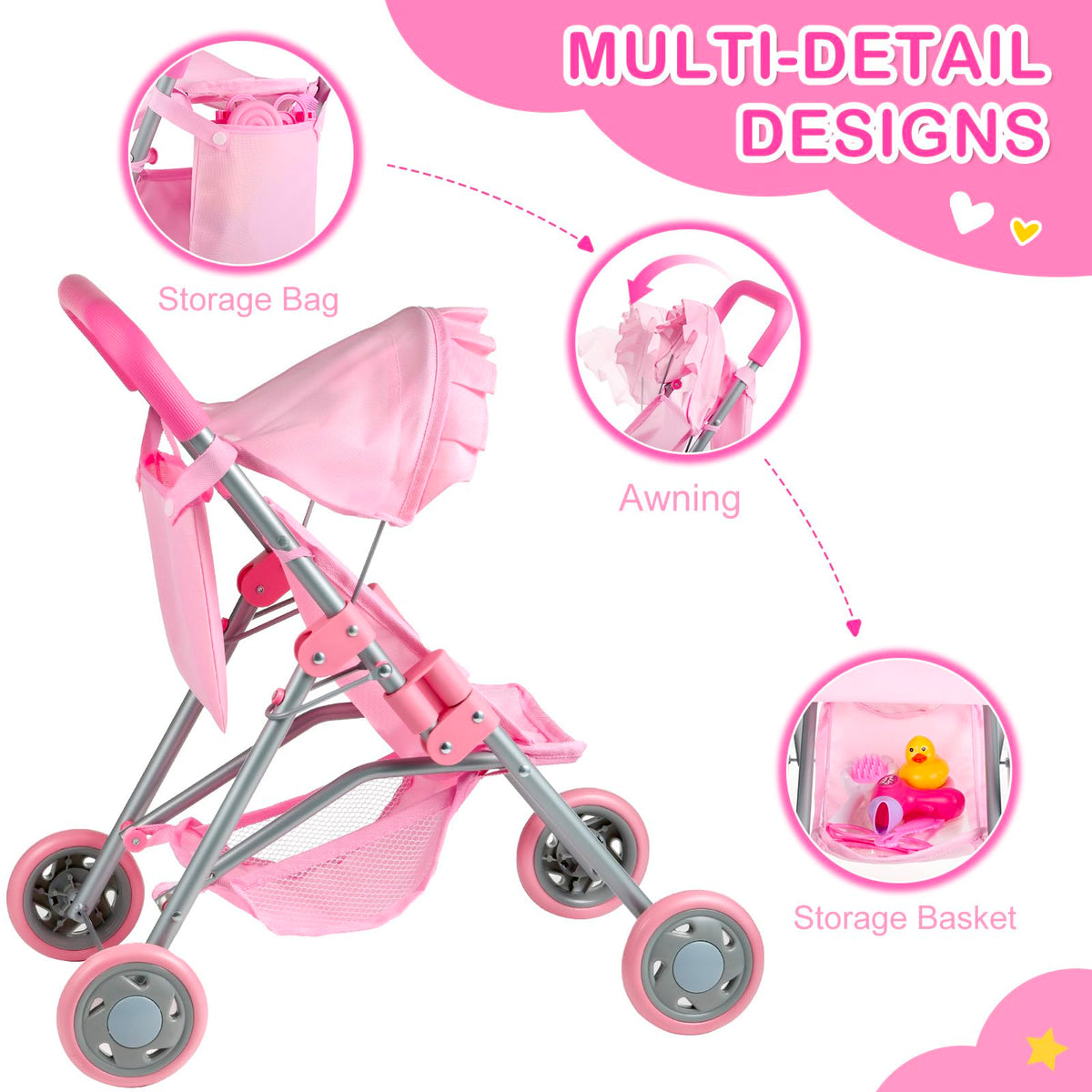 GAGAKU Baby Doll Stroller – Foldable Pink Toy Stroller with Storage Basket & Bag for Dolls Up to 18 Inches