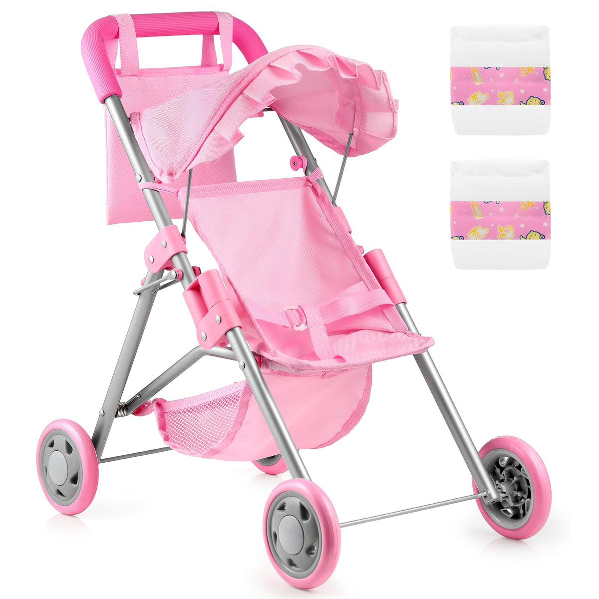 GAGAKU Baby Doll Stroller – Foldable Pink Toy Stroller with Storage Basket & Bag for Dolls Up to 18 Inches