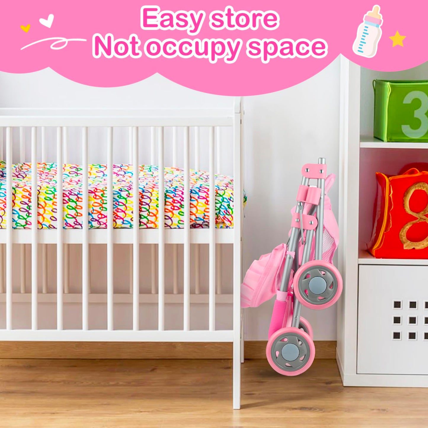 GAGAKU Baby Doll Stroller – Foldable Pink Toy Stroller with Storage Basket & Bag for Dolls Up to 18 Inches
