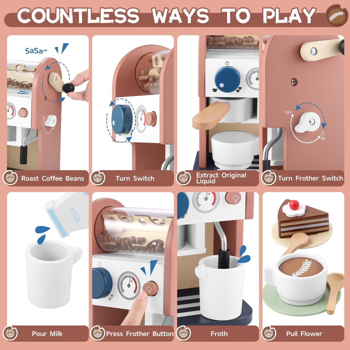 GAGAKU Wooden Coffee Maker Toy – 14-Piece Pretend Playset for Kids