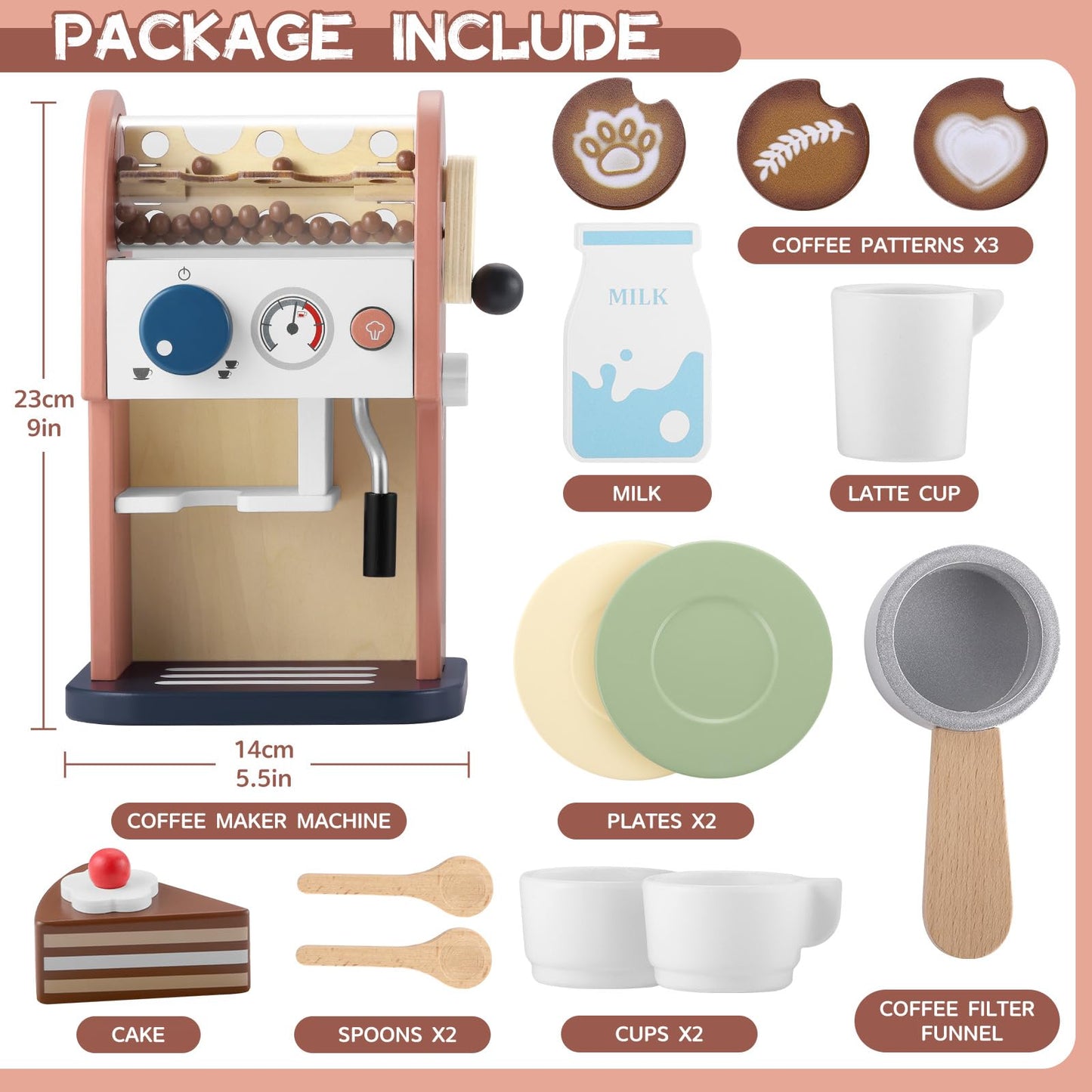 GAGAKU Wooden Coffee Maker Toy – 14-Piece Pretend Playset for Kids