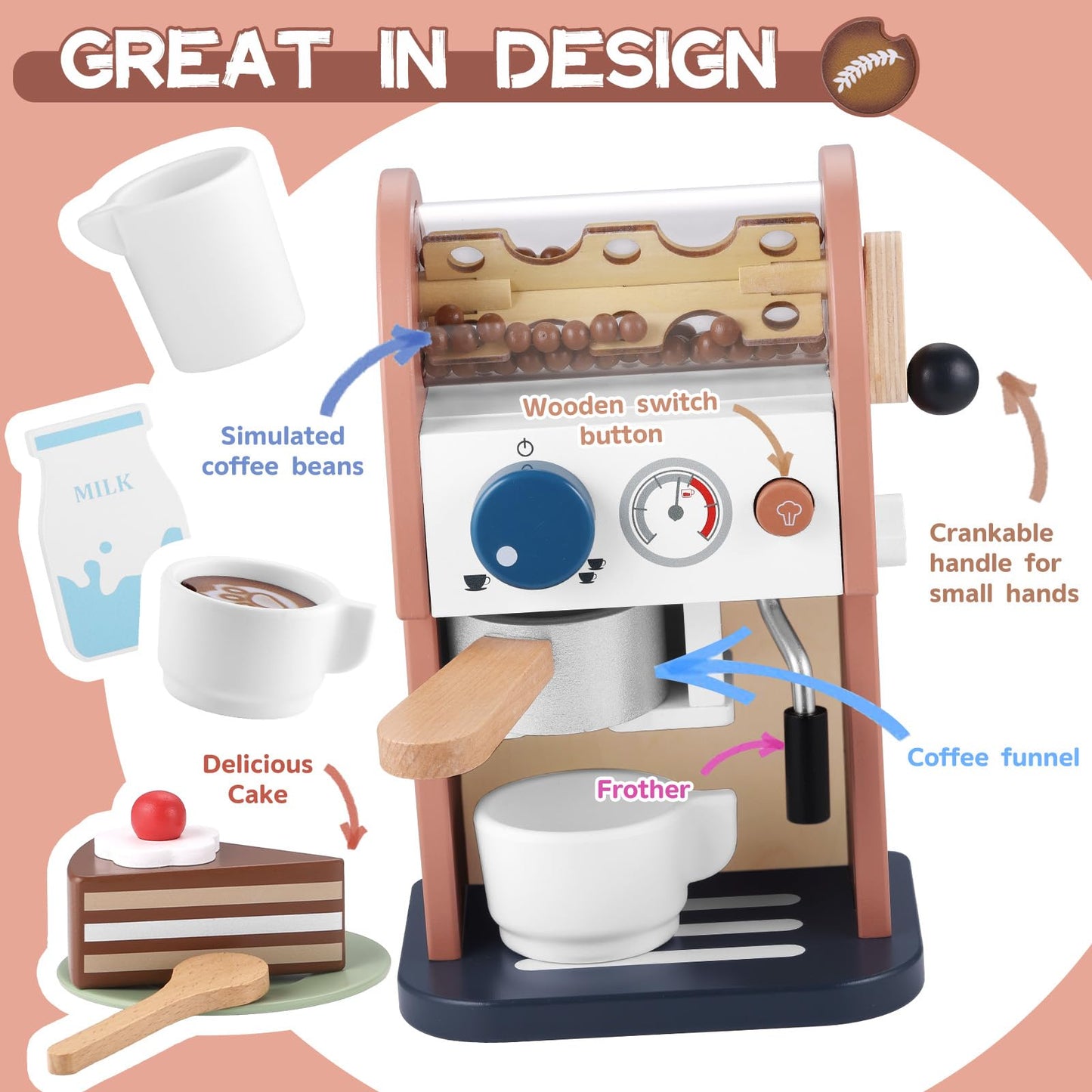 GAGAKU Wooden Coffee Maker Toy – 14-Piece Pretend Playset for Kids