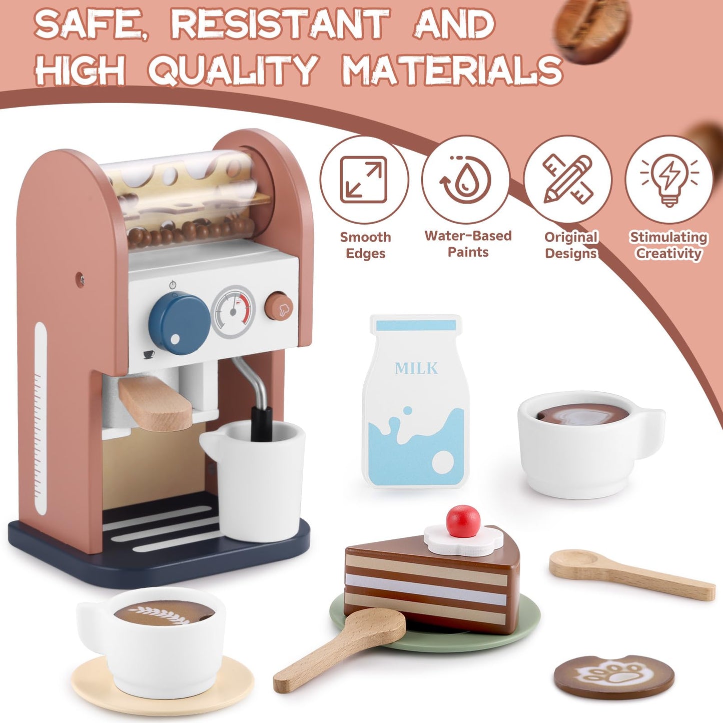 GAGAKU Wooden Coffee Maker Toy – 14-Piece Pretend Playset for Kids