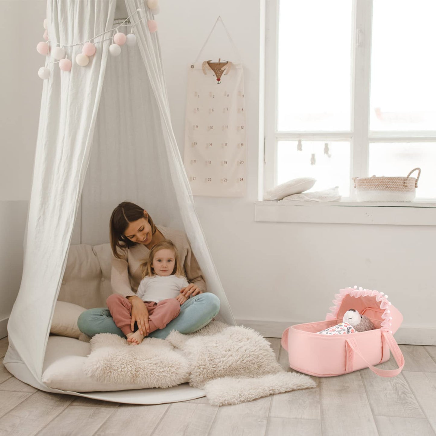 GAGAKU Baby Doll Bassinet Set - Pink Canopy, Pillow & Blanket for 9–12 Inch Dolls