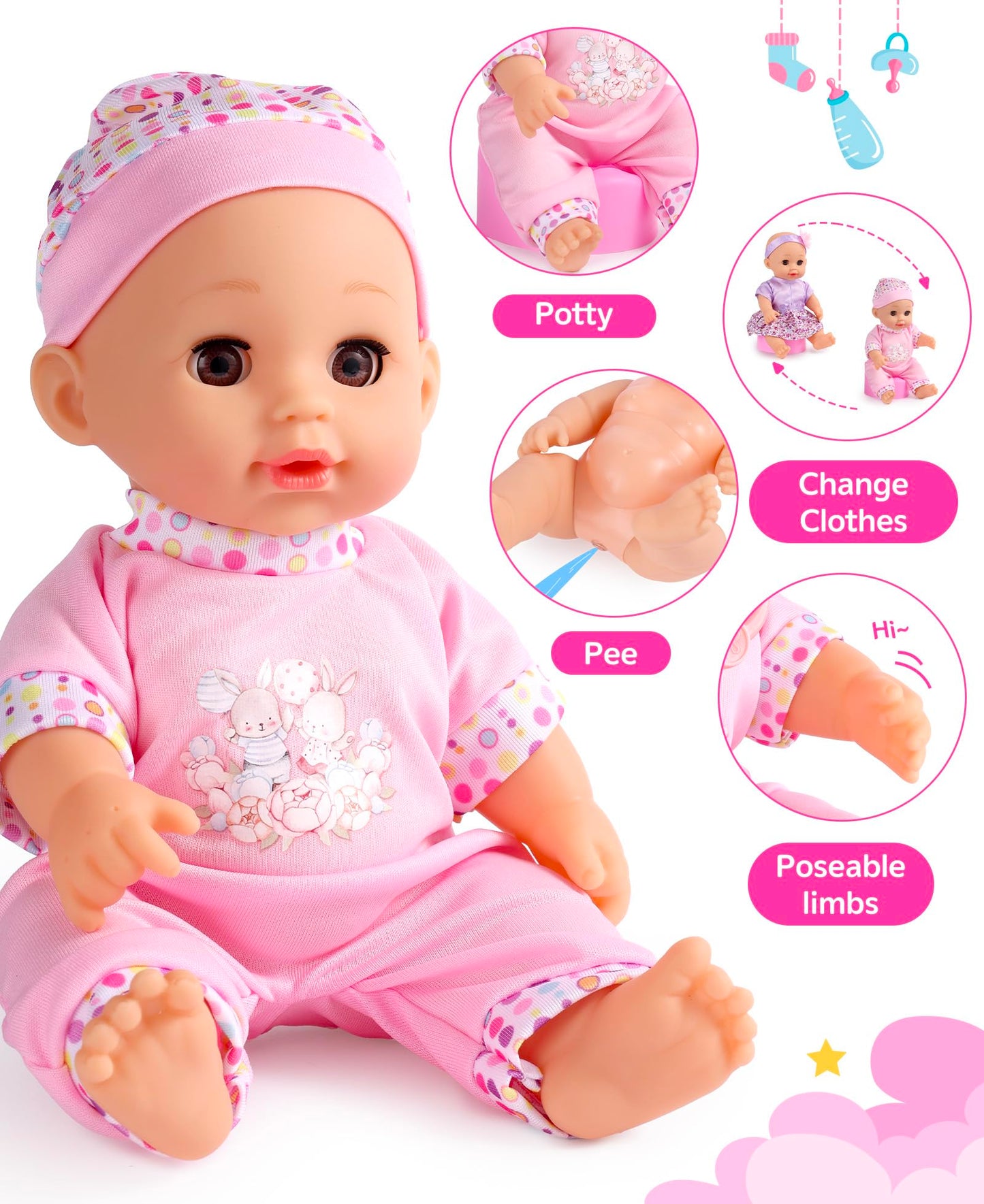 GAGAKU Baby Doll Stroller Playset – 12-Inch Doll & Accessories, Foldable Toy Stroller for Kids 1-6
