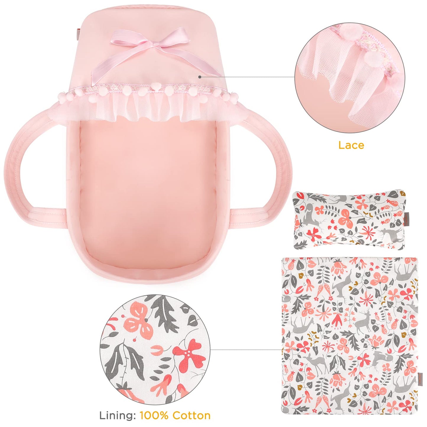 GAGAKU Baby Doll Bassinet Set - Pink Canopy, Pillow & Blanket for 9–12 Inch Dolls
