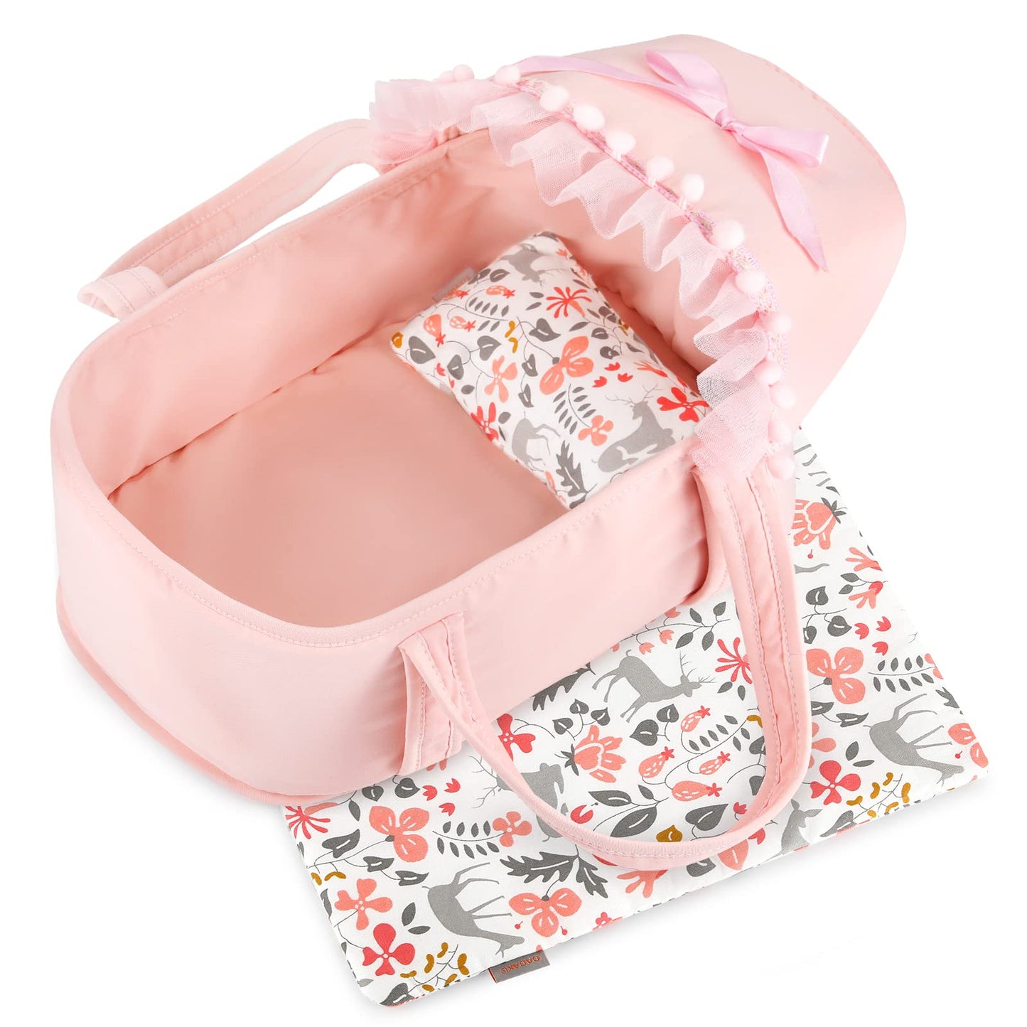 GAGAKU Baby Doll Bassinet Set - Pink Canopy, Pillow & Blanket for 9–12 Inch Dolls