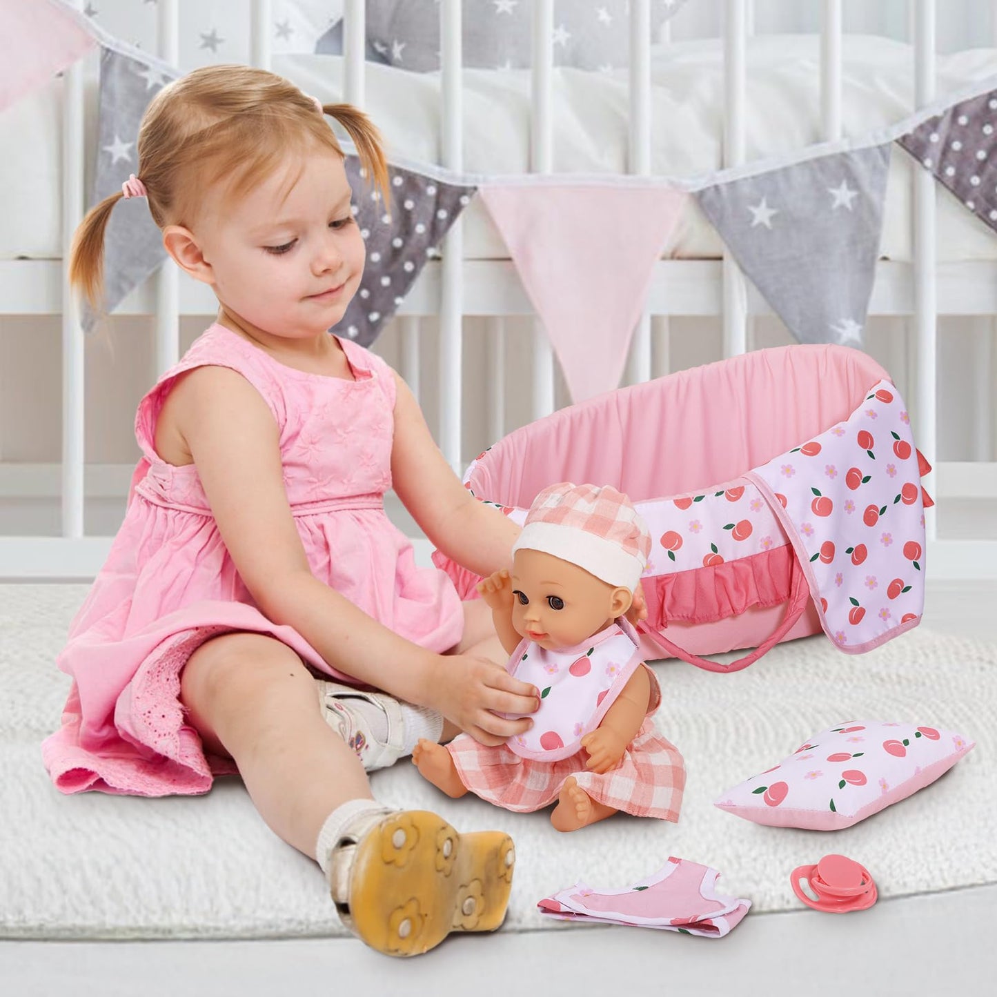 GAGAKU Baby Doll Bassinet Carrier – 12-Inch Doll Accessories Set