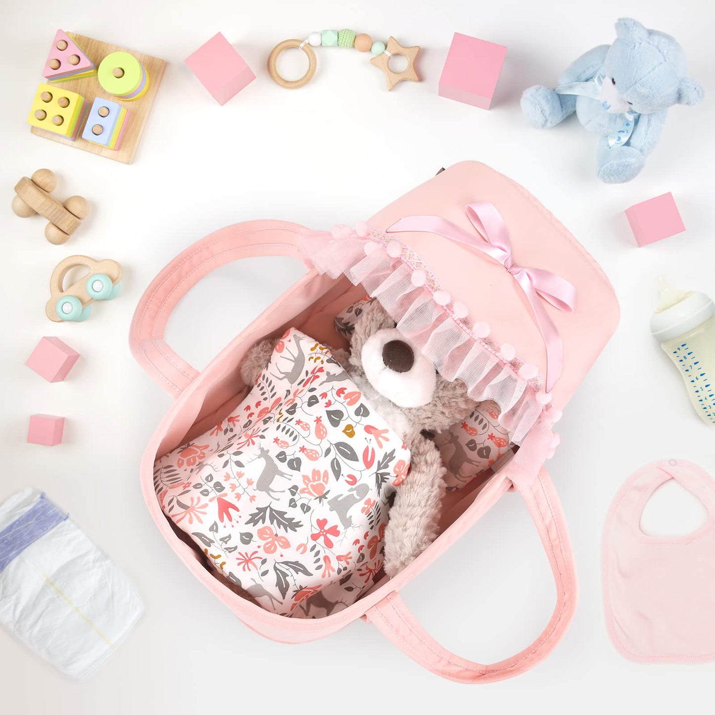 GAGAKU Baby Doll Bassinet Set - Pink Canopy, Pillow & Blanket for 9–12 Inch Dolls