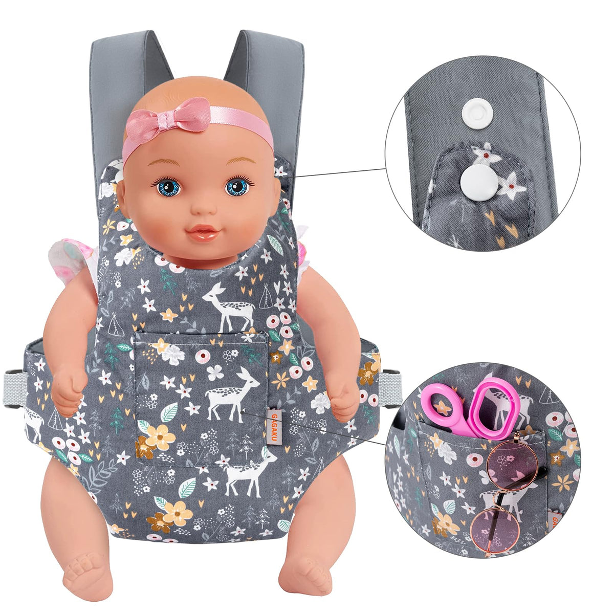 GAGAKU Toy Baby Carrier for Dolls – Gray Deer, Adjustable Straps