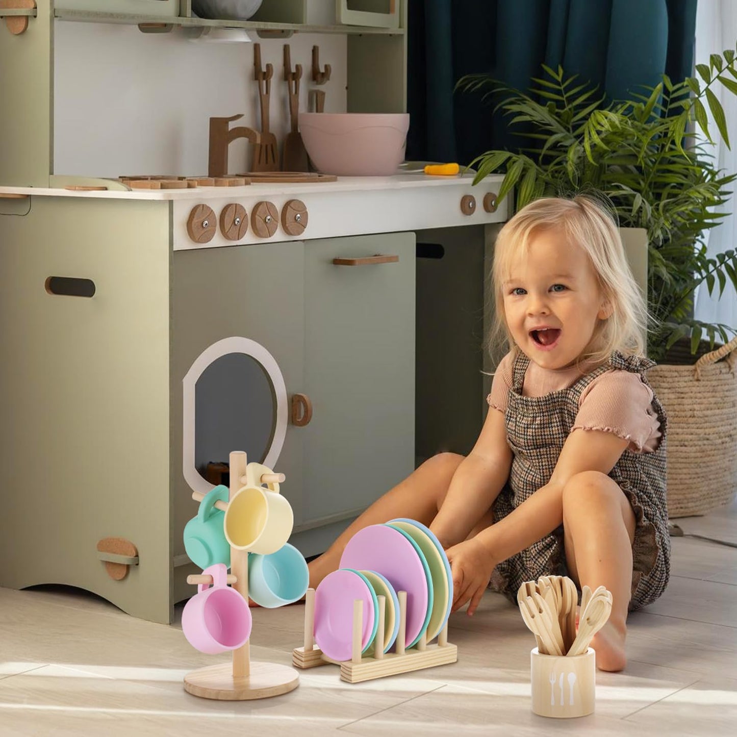 GAGAKU Kids Wooden Play Dishes Set – 27-Piece Montessori Kitchen Toys for Ages 3-5