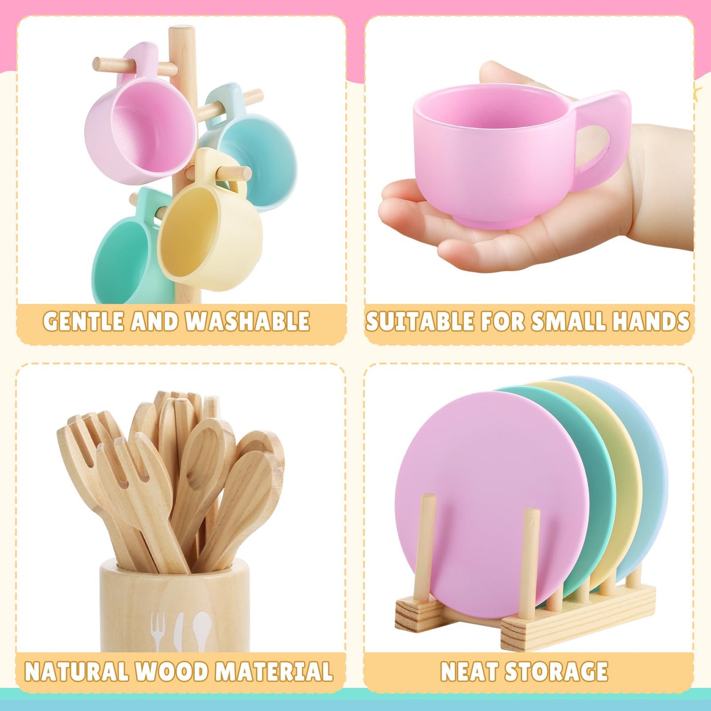 GAGAKU Kids Wooden Play Dishes Set – 27-Piece Montessori Kitchen Toys for Ages 3-5